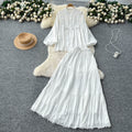 French chic outfit: women's vintage court style lace trimmed lantern sleeve single-breasted blouse with high-waisted flared midi skirt