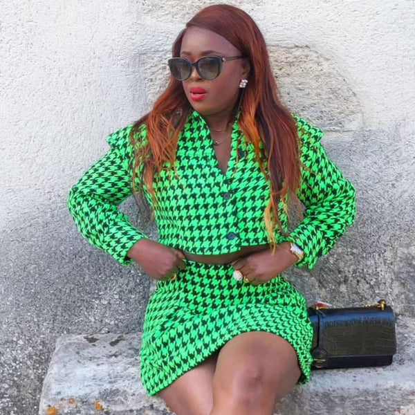 European and American women's clothing large-size temperament lapel collar long-sleeved printed cardigan short top women's new African short skirt two-piece set