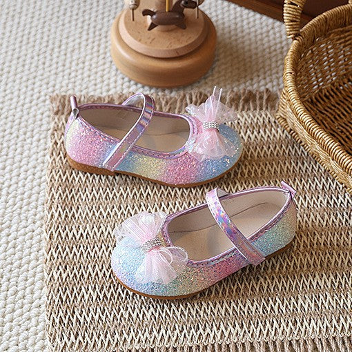 new gradient rainbow sequin girls' princess shoes - mesh rhinestone bow velcro soft sole kids' shoes