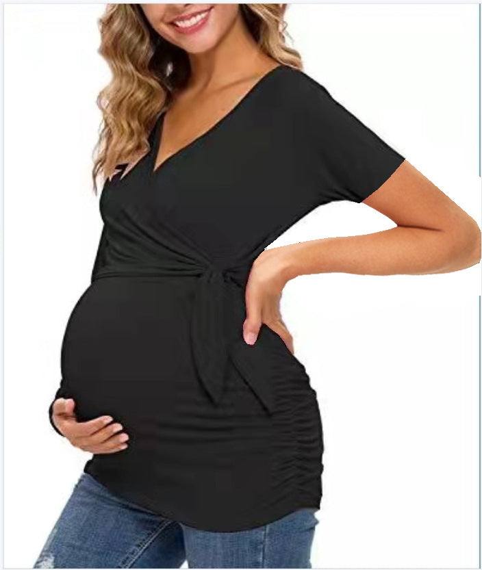 fashion trendy mom cross v-neck nursing t-shirt maternity top - in stock, relaxed fit