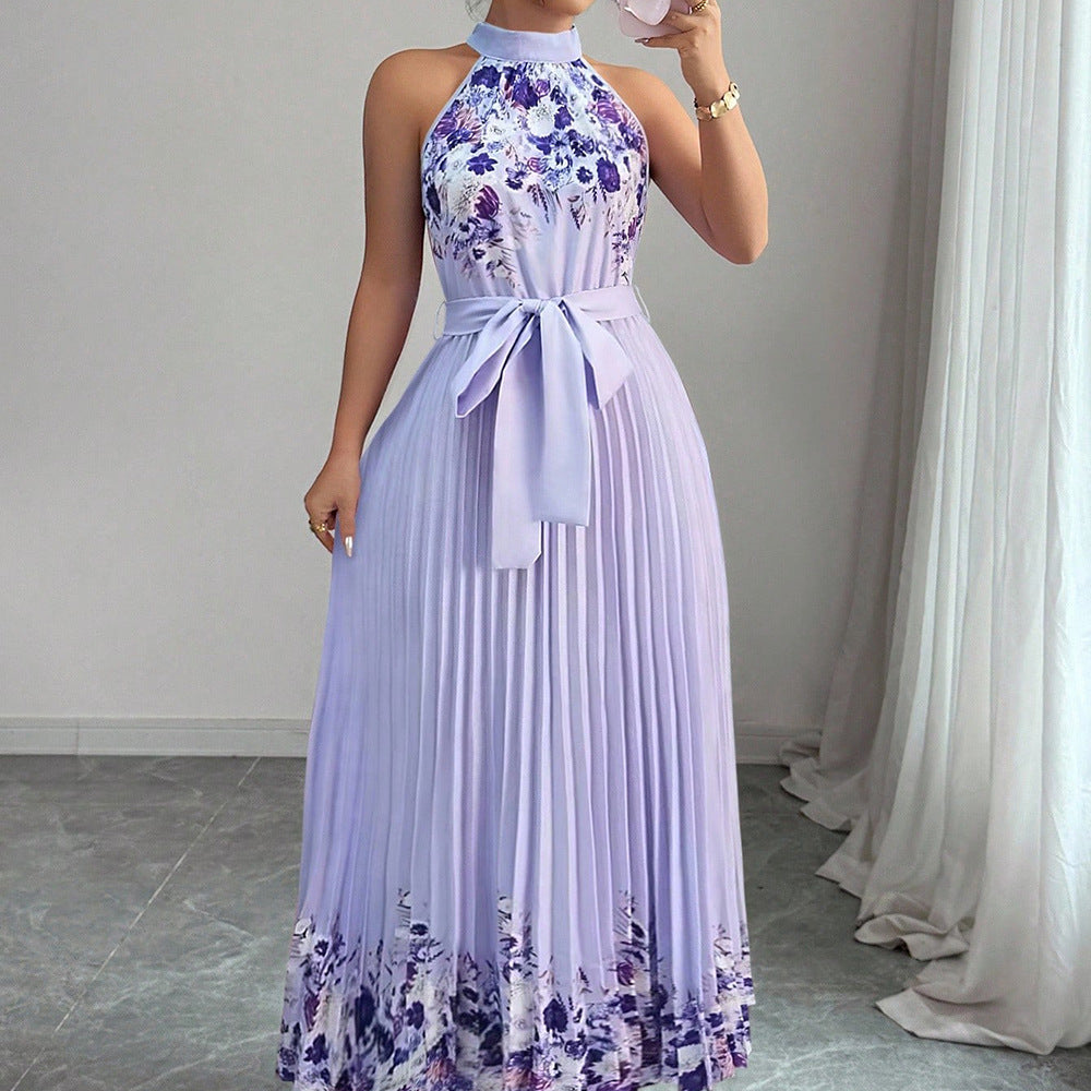 European and american cross-border women's summer  elegant halter neck tie waist floral print pleated maxi swing dress