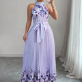 European and american cross-border women's summer  elegant halter neck tie waist floral print pleated maxi swing dress