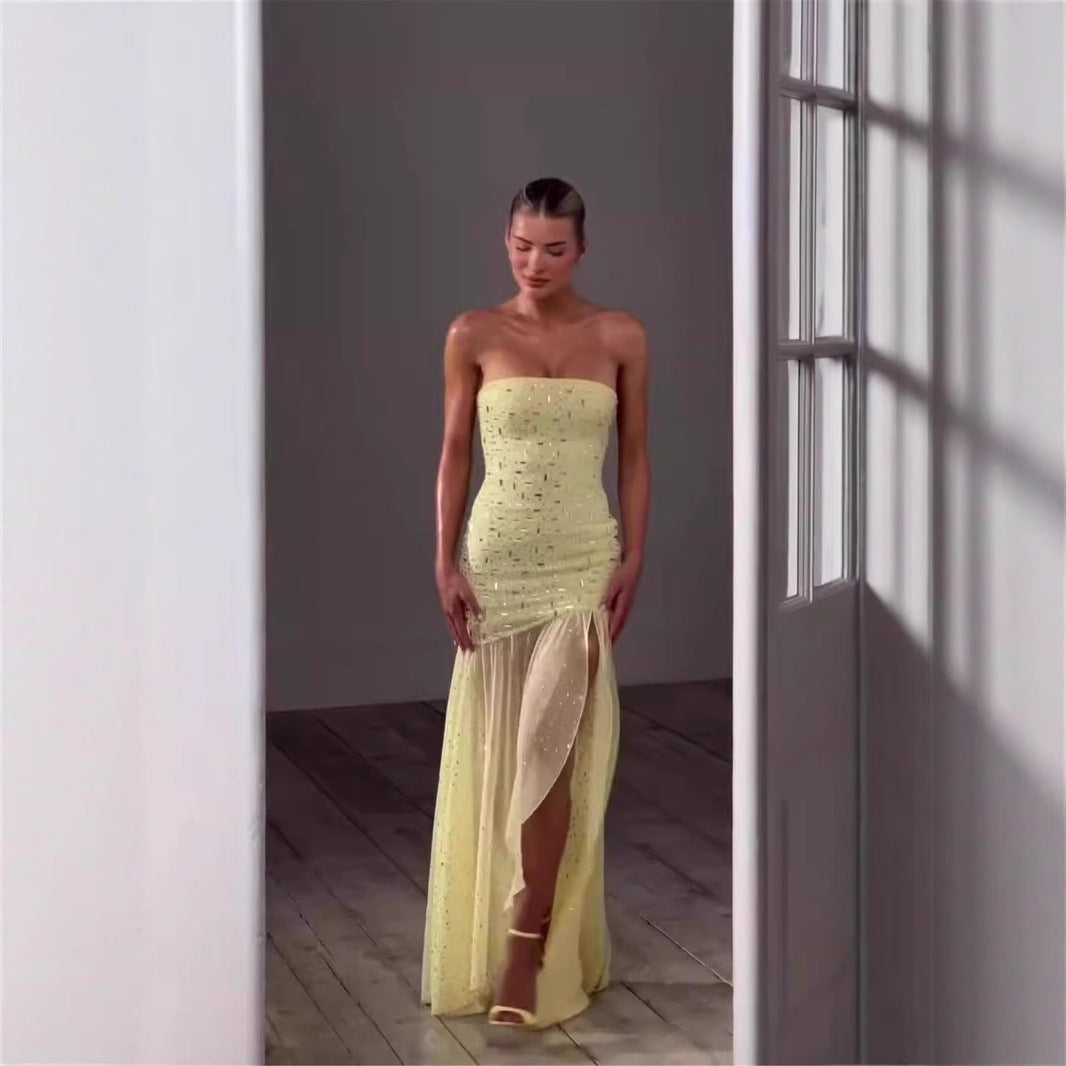 25 European and American style hot drill irregular split mesh splicing dress Spice girl temperament design sense tube top dress skirt