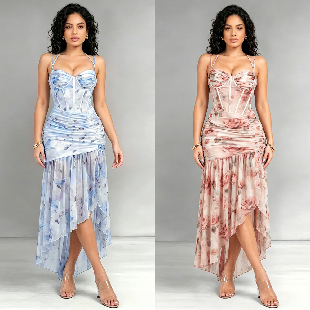 C7753 cross-border    new women's french floral suspender mesh party dress