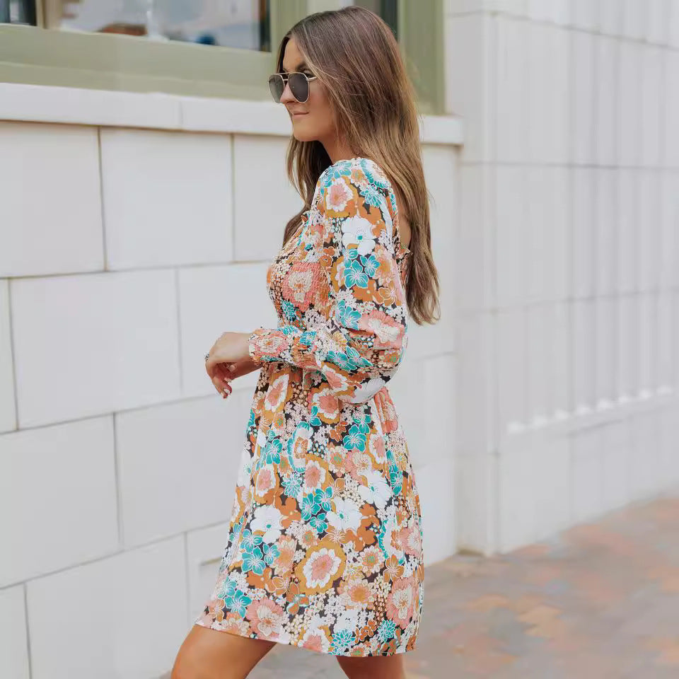 European and american cross-border chic women's clothing:  autumn new collection - square neck, long sleeve, printed, waist-cinching, slim-fit midi dress