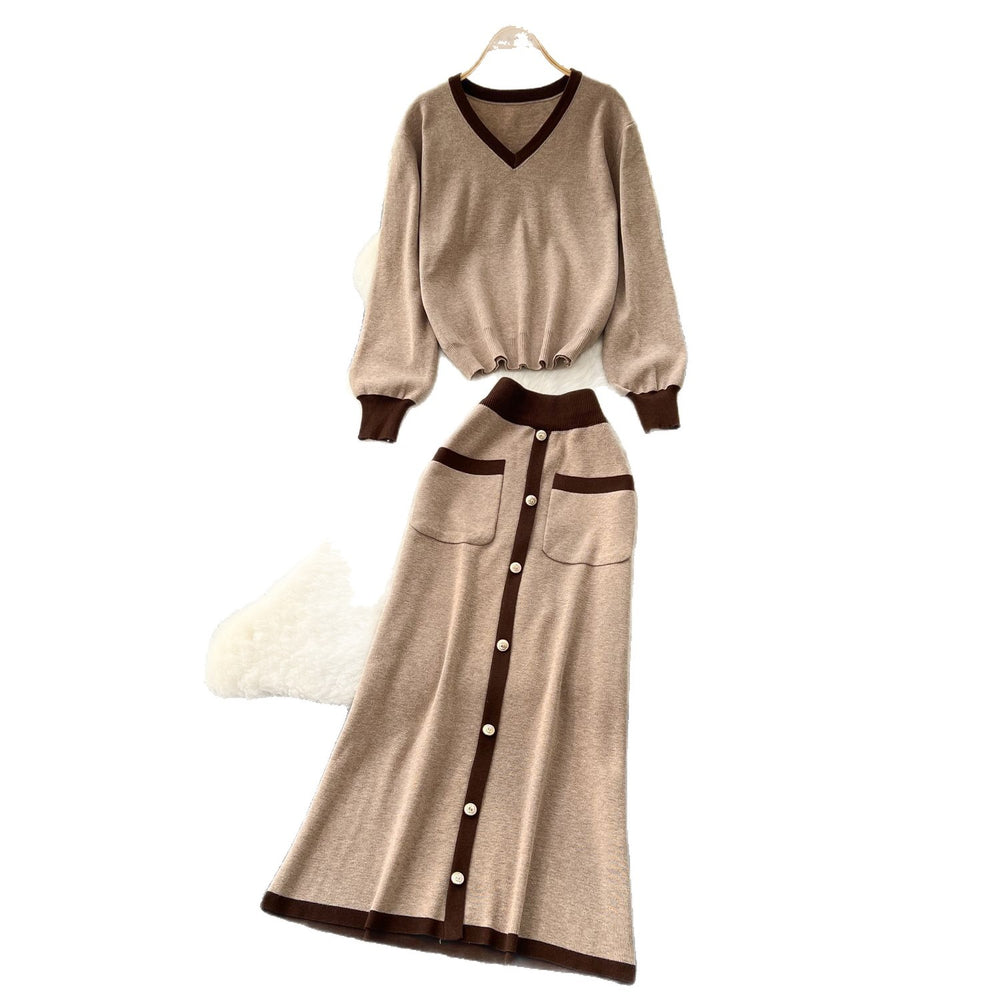 Xiaoxiangfengfashionablesuitfemaleautumclassy sense loosecontrast colorv necklong sleevesknitting shirt single breasted skirt