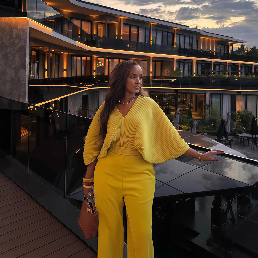 European and american cross-border women's fashion:  autumn new collection - solid color v-neck pleated loose top and high-waisted straight-leg pants two-piece set