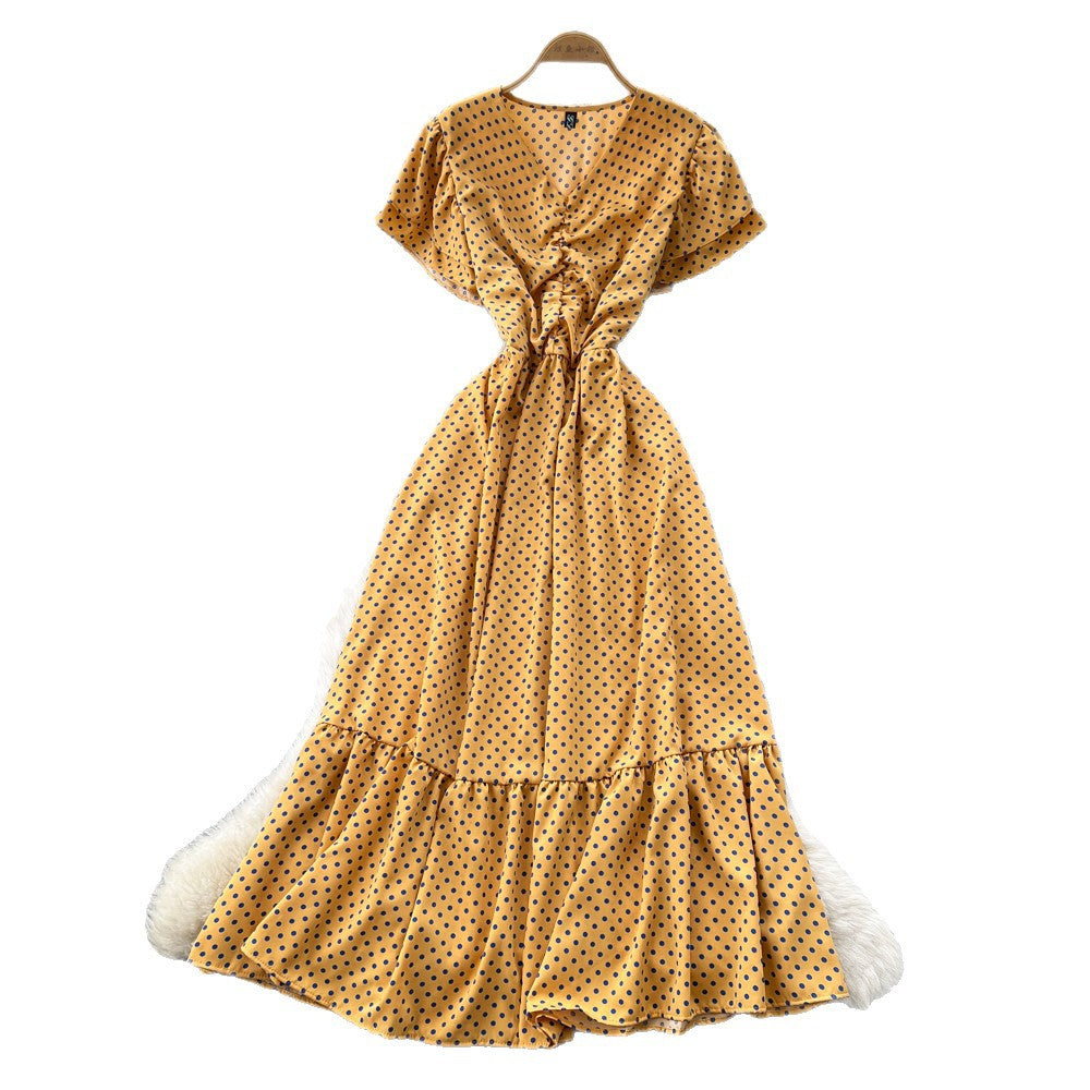 Frenchretro polka dot elegant short-sleeved dress women's summerv neck waist tie back a-line skirt slimming look elegant long skirt
