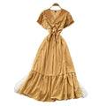 Frenchretro polka dot elegant short-sleeved dress women's summerv neck waist tie back a-line skirt slimming look elegant long skirt