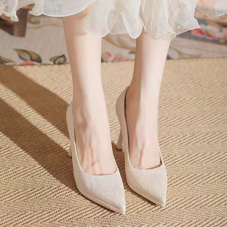 2025 new french champagne wedding shoes for women, bridal platform high heels, minimalist elegant low-cut stiletto heels
