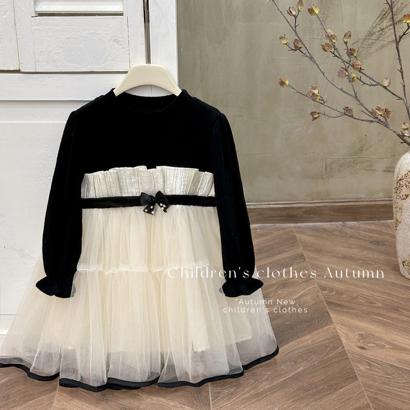 Girls' dress - new autumn  collection: elegant korean style tutu dress with bow detail, cinched waist, princess style, and tulle skirt for older girls