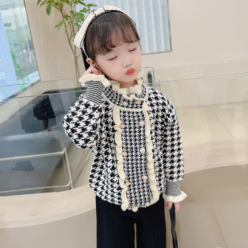 Girls' knitted sweater two-piece set -  autumn/winter houndstooth pattern - little girl's cardigan and sweater for toddlers and young children
