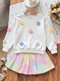 new cross-border girls' round neck 3d floral sweatshirt + iridescent denim skirt two-piece set