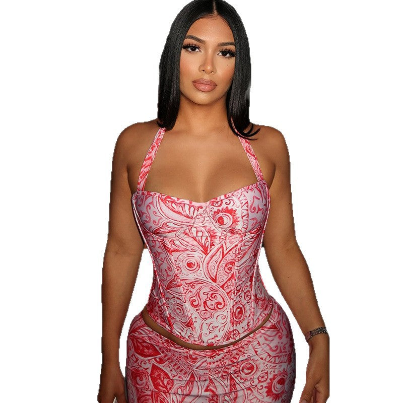 Fashion style cross-border printing stylish women's hip-covering backless pants suit halter tops tight pants two-piece set trendy