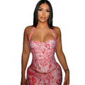 Fashion style cross-border printing stylish women's hip-covering backless pants suit halter tops tight pants two-piece set trendy
