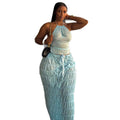 European and american cross-border women's fashion  summer new sexy blue halter top and tie-waist midi skirt set