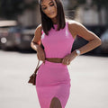 European and american style women's summer  new arrival: solid color slim-fit two-piece set - tank top and mini skirt with slit detail