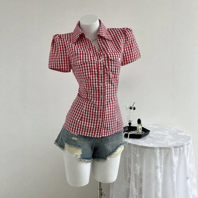 D1-73538# cross-border fashion retro hot girl plaid short silm slimming look women's shirt
