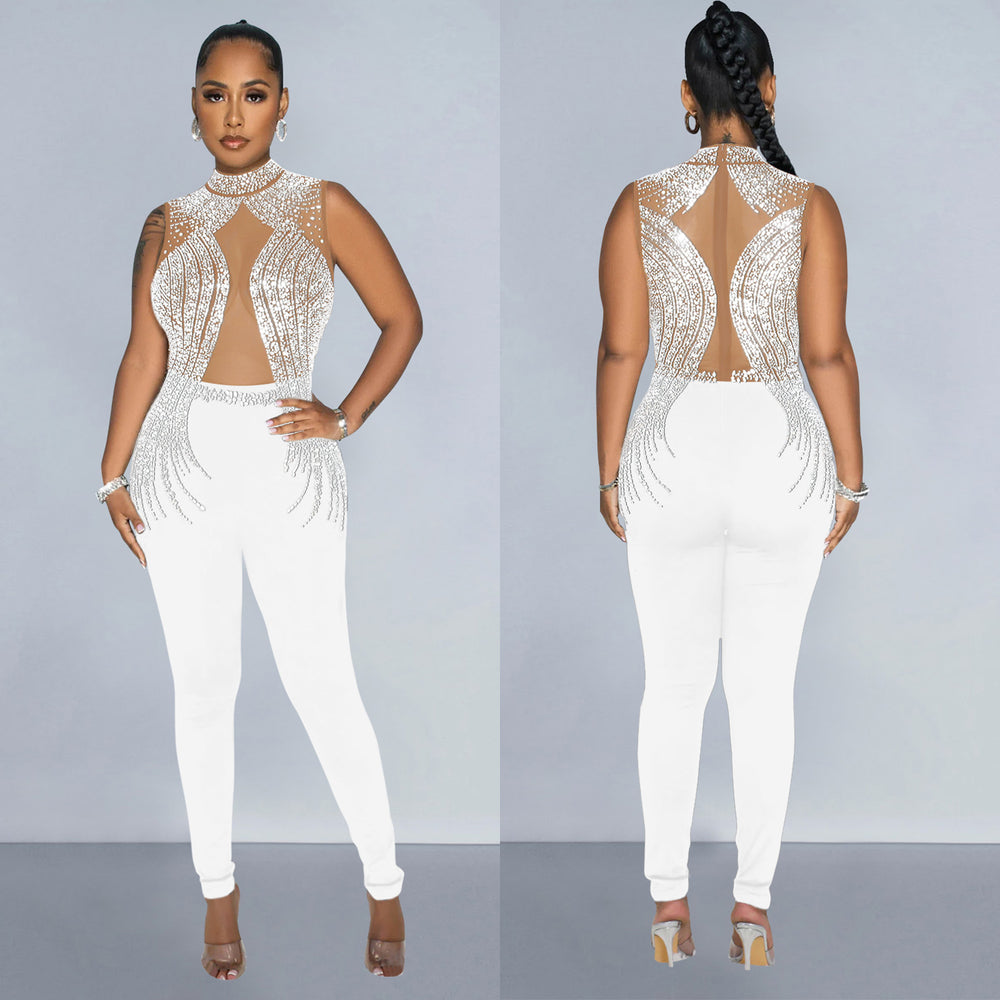 C6931 cross-border   fashion women's solid color mesh rhinestone sleeveless pants jumpsuit