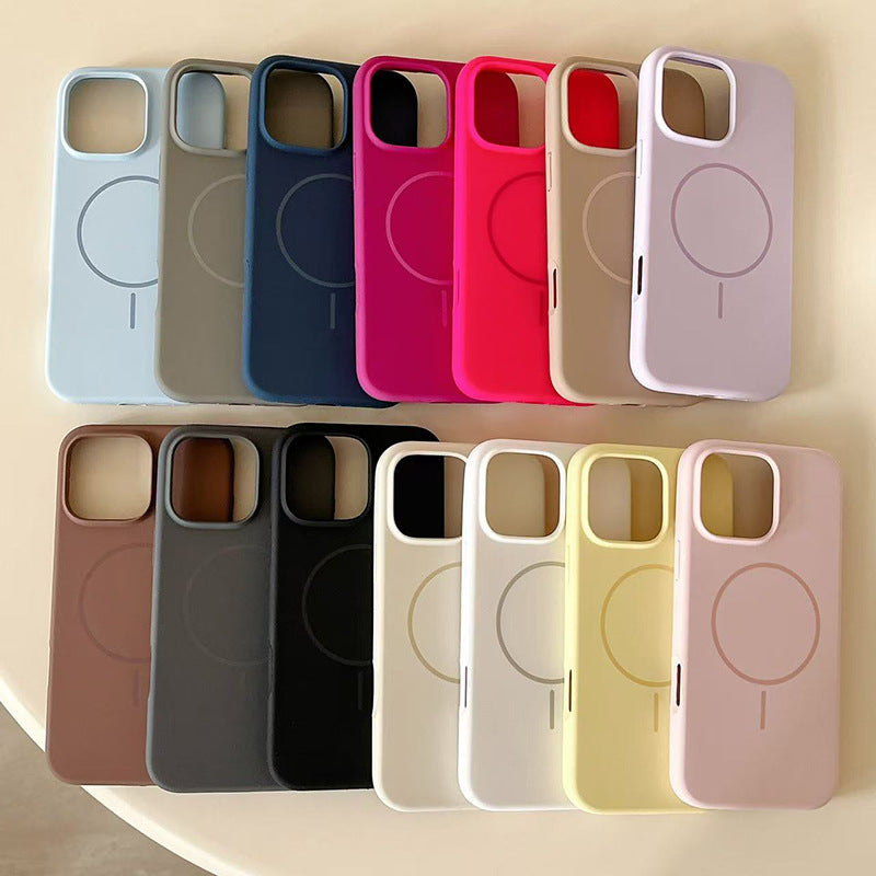 Suitable for iphone16pro thin ring magnetic liquid silicone mobile phone case apple 17air anti-fall pure color protective cover