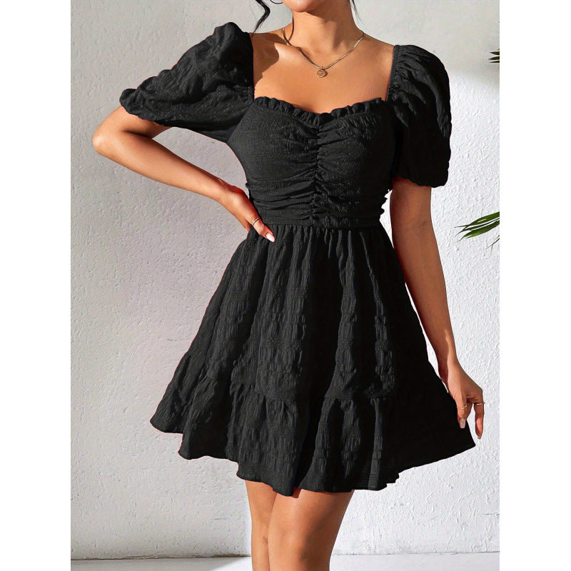 cross-border new women's babydoll dress with heart neckline, short sleeves, and puff sleeves