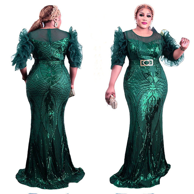 supply of african women's clothing sequin dress silm fishtail long skirt bubble mesh sleeves fashion evening wear fashion