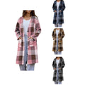 fashion cross-border casual woolenplaid medium long flap pocket pants button long sleevescardiganfashionoutwear