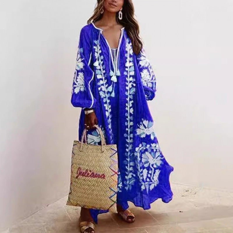 fashion  women's fashionlooselong sleevestie backv neckprinting large swing dress women's dress