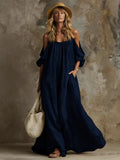 Fashion  independent station vacation style pocket sling off-shoulder cotton and linen looseslimming look large swing dress