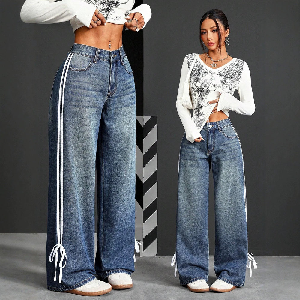 Fashion style side webbing strap wide leg jeans women's high waistloosestraight-legdrapedmoppants