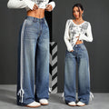 Fashion style side webbing strap wide leg jeans women's high waistloosestraight-legdrapedmoppants