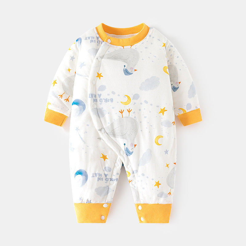 Babibele cotton jumpsuit for infants and young children 120g quilted fall and winter boneless khaki thin cotton thickened partial placket romper