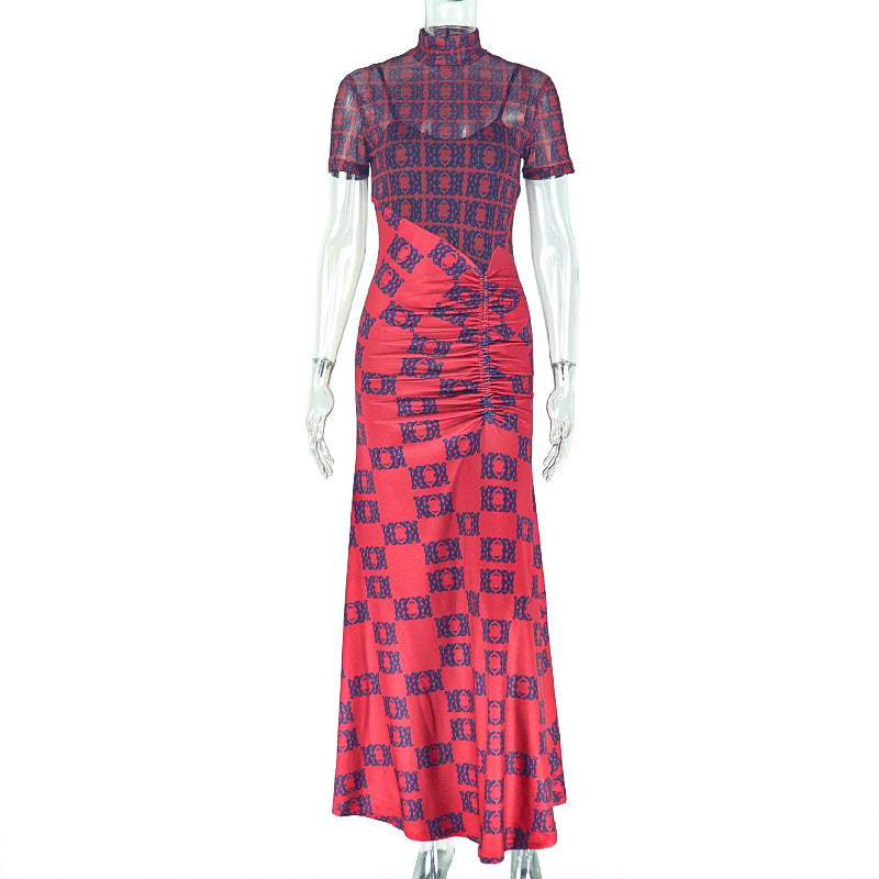 European and American style  slim-fitting waist women's clothing perspective splicing versatile hip skirt pleated printed turtleneck long dress