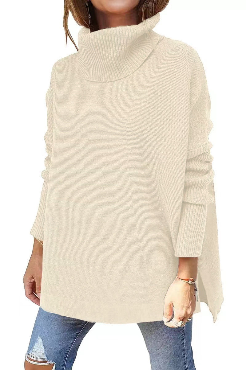 2022 amazon cross-border high neck sweater, mid-length batwing sleeve, cinched hem, pullover knit sweater for women