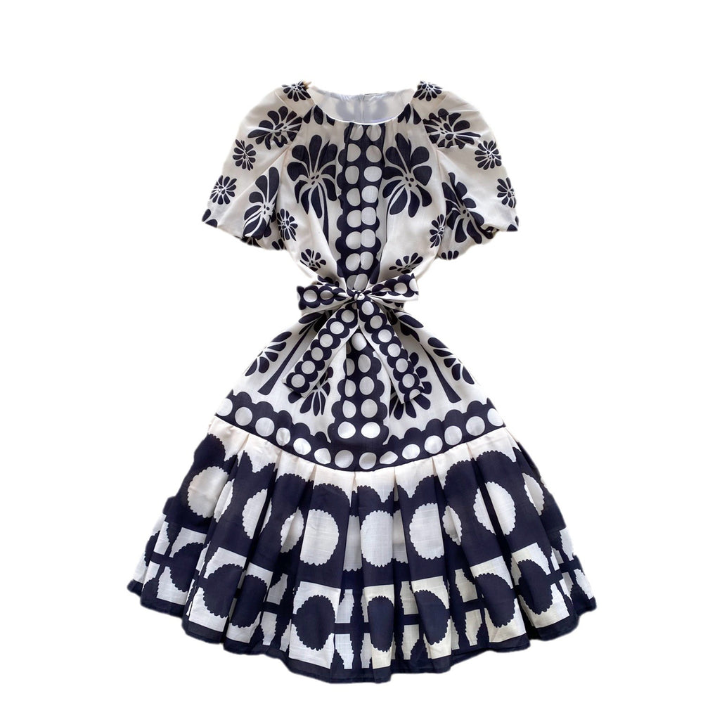 European and american style high-end printed bubble sleeve dress - women's summer tie-waist design, elegant petite midi dress