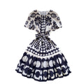 European and american style high-end printed bubble sleeve dress - women's summer tie-waist design, elegant petite midi dress