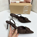 Za women's shoes 2025 new pointed toe high heel sandals women's suede square buckle flats back open outwear toe shoes