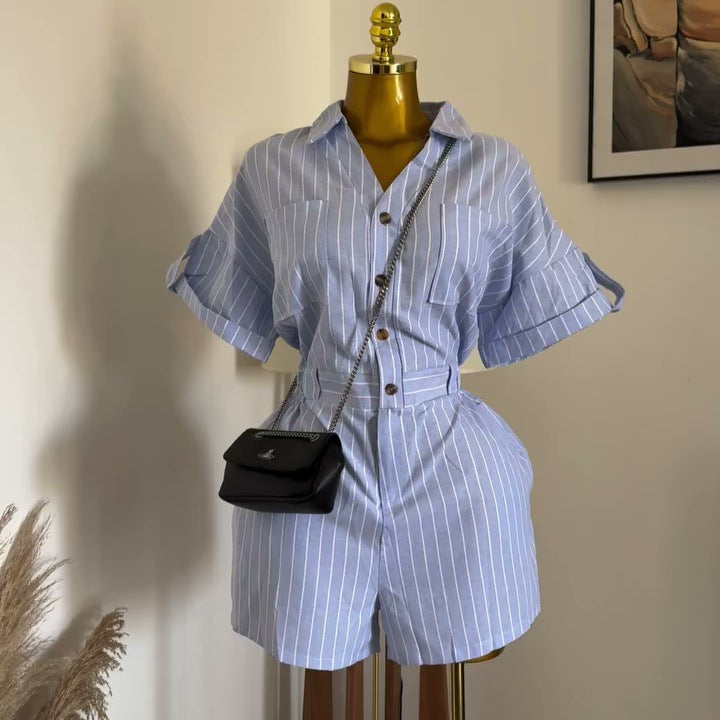 European and american cross-border women's fashion:  summer new arrivals - stylish blue and white striped loose-fit shirt, wide-leg shorts, and jumpsuit set