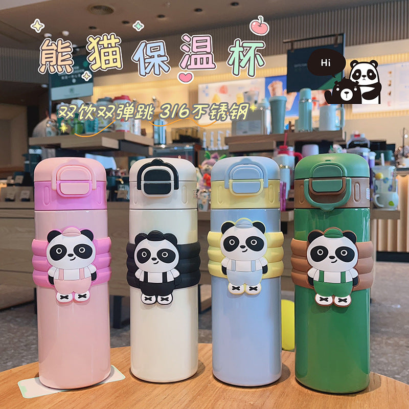 Cartoon red panda straight body insulated water bottle, 316 stainless steel, large capacity, dual-drink kids' water bottle, cute straw cup