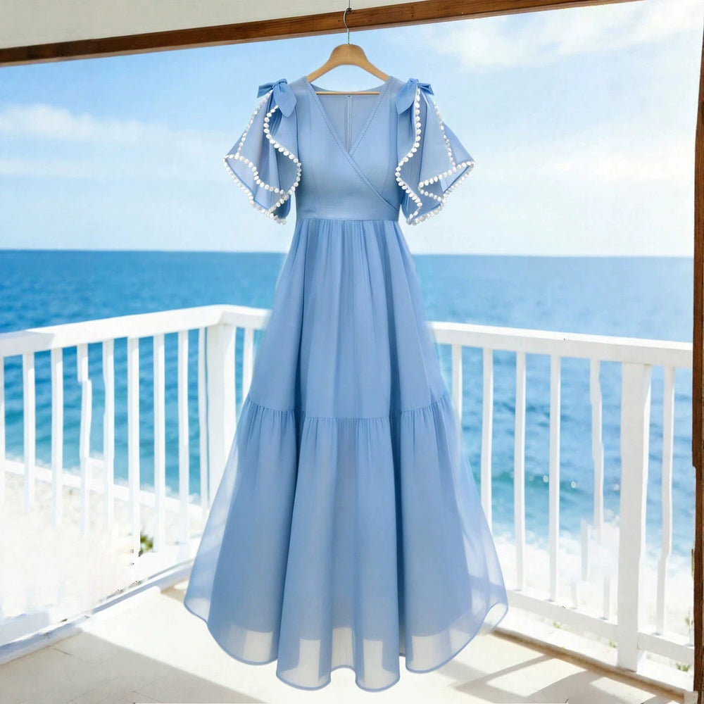 French chic beach maxi dress - v-neck, ruffle short sleeves, beaded trim, cinched waist, tiered chiffon women's dress