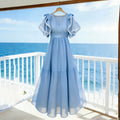 French chic beach maxi dress - v-neck, ruffle short sleeves, beaded trim, cinched waist, tiered chiffon women's dress
