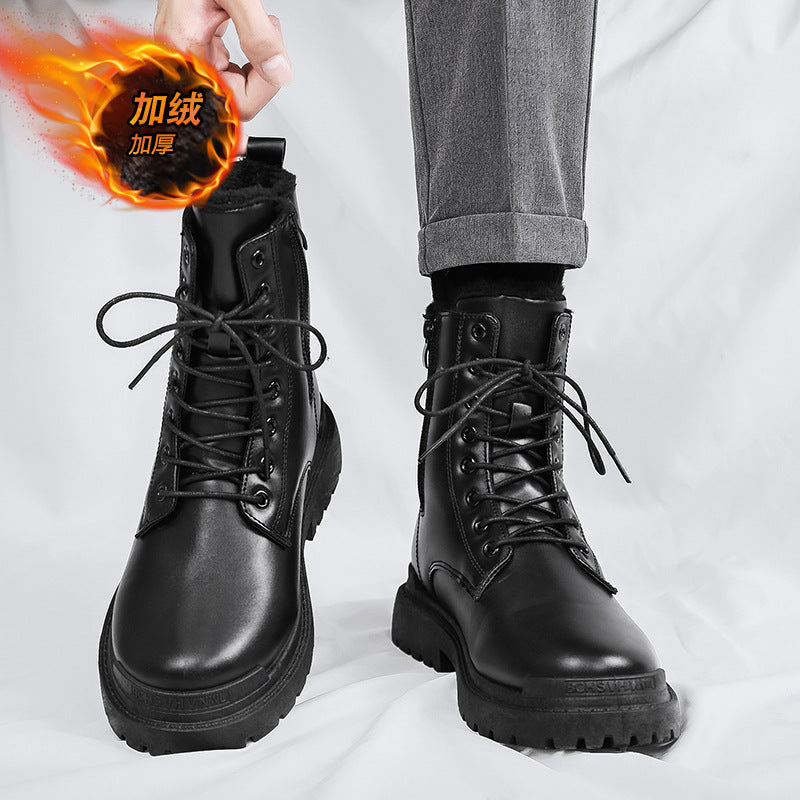 Autumboots black high-top trendy shoes british style motorcycle workwear leather boots winter height-increasing high-top leather shoes cotton shoes