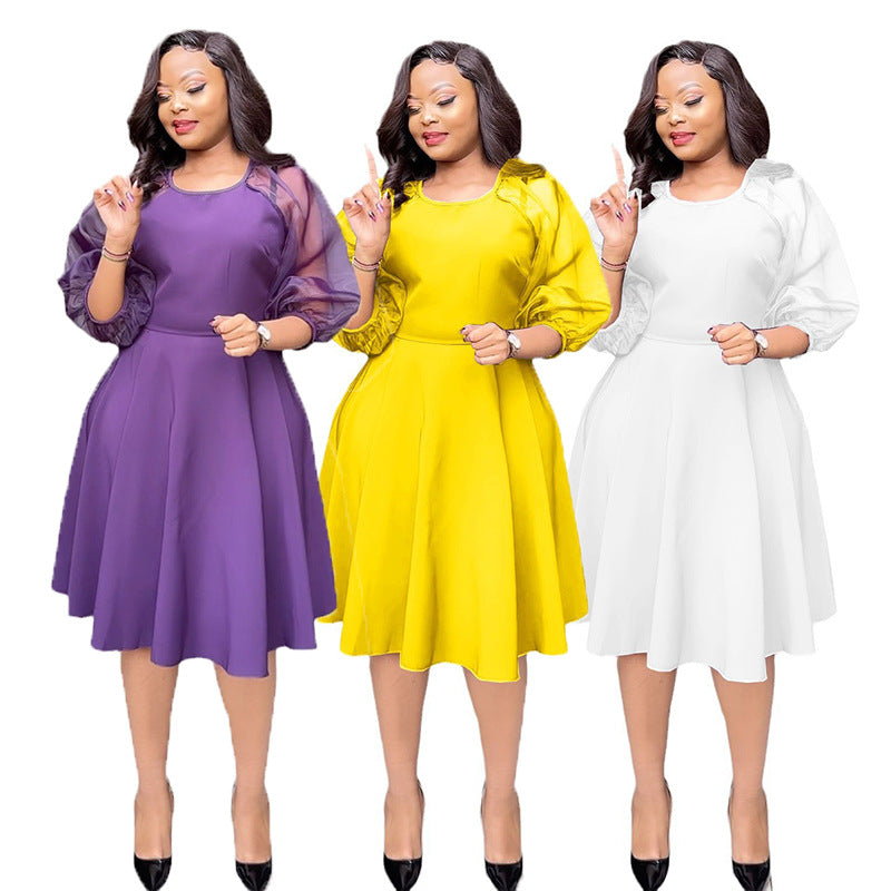 supply of african, european and american women's clothing, waist-cinching a-line dress, puff sleeves, three-quarter sleeves, fashionplaid space layer