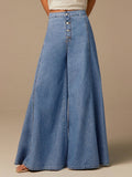 European and american style women's light blue washed single-breasted high-waisted wide-leg jeans - vintage drape, floor-length denim pants