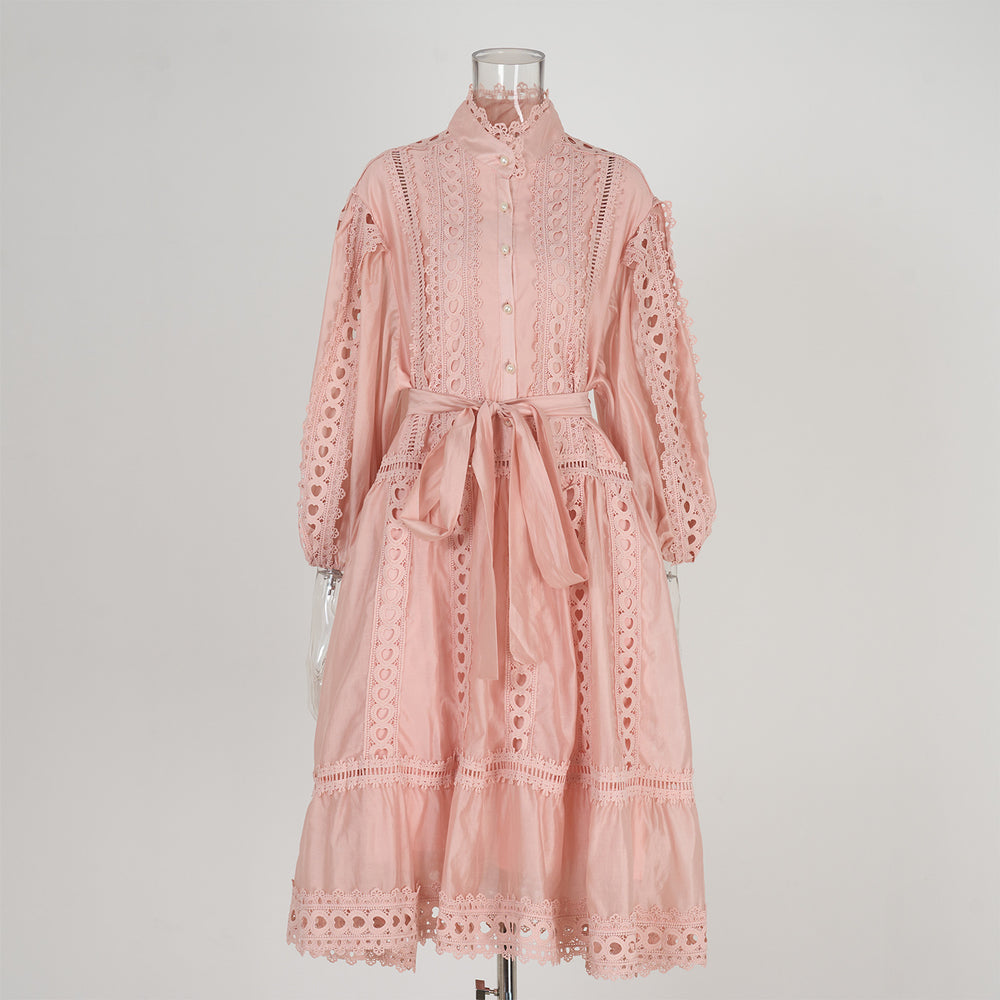 spring/summer new arrival: lantern sleeve vintage hollow-out lace patchwork single-breasted loose tie-waist mini dress for women