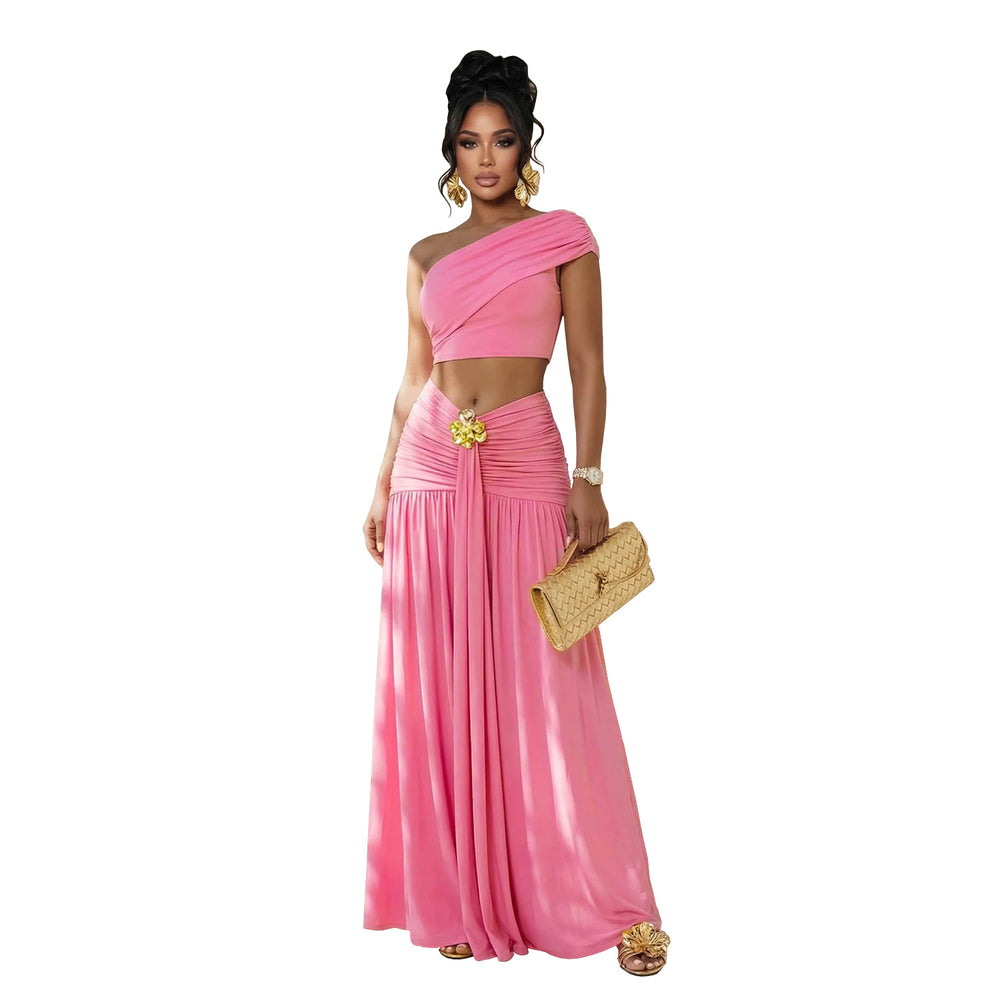 C7675 cross-border   fashion women's sexy one-shoulder cropped top and midi skirt set