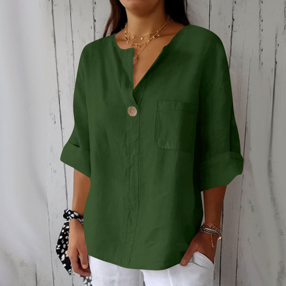 cross-border fashion summer new loose t-shirt women's v neck cotton and linen button tops
