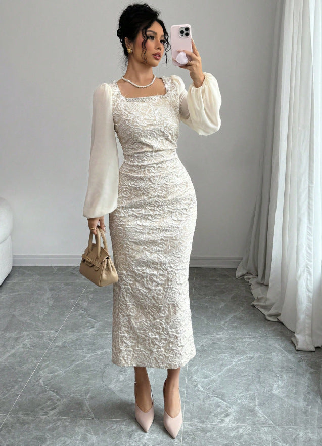 european and american new arrival: off-white embossed lace square neck maxi dress with rhinestone-embellished lantern sleeves, slim fit bodycon midi dress