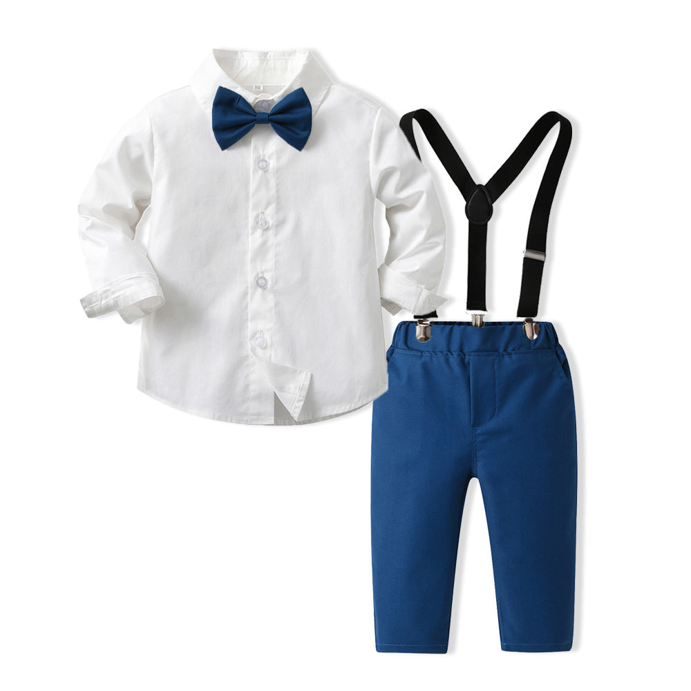 kidsautum children's clothing k-style boys' suit cotton long-sleeved white shirt overalls first birthday dress manufacturer