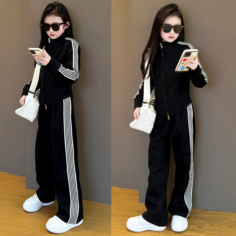 Girls'  new side stripe tracksuit set - spring/autumn casual straight-leg pants - girls' activewear two-piece set